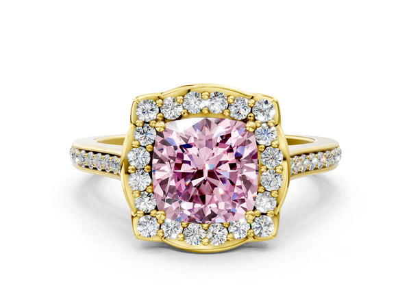 Yellow gold Fancy Pink Cushion  Halo Round Diamond Pave Band with Four-Prong Setting