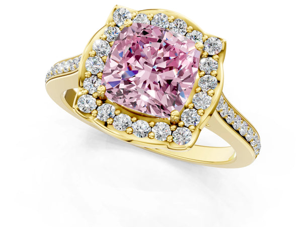 Yellow gold Fancy Pink Cushion  Halo Round Diamond Pave Band with Four-Prong Setting