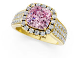 Yellow gold Fancy Pink Cushion  Halo Round Diamond Pave Band with Prong Setting 1