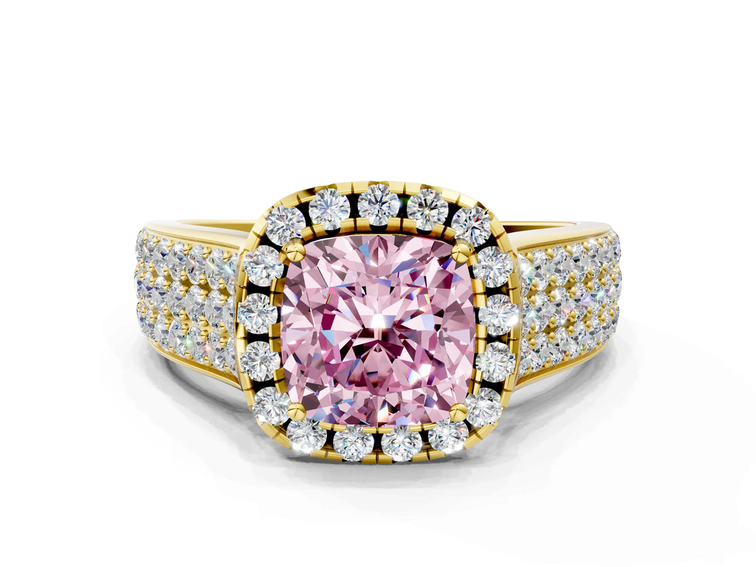 Yellow gold Fancy Pink Cushion  Halo Round Diamond Pave Band with Prong Setting