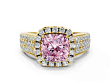 Yellow gold Fancy Pink Cushion  Halo Round Diamond Pave Band with Prong Setting