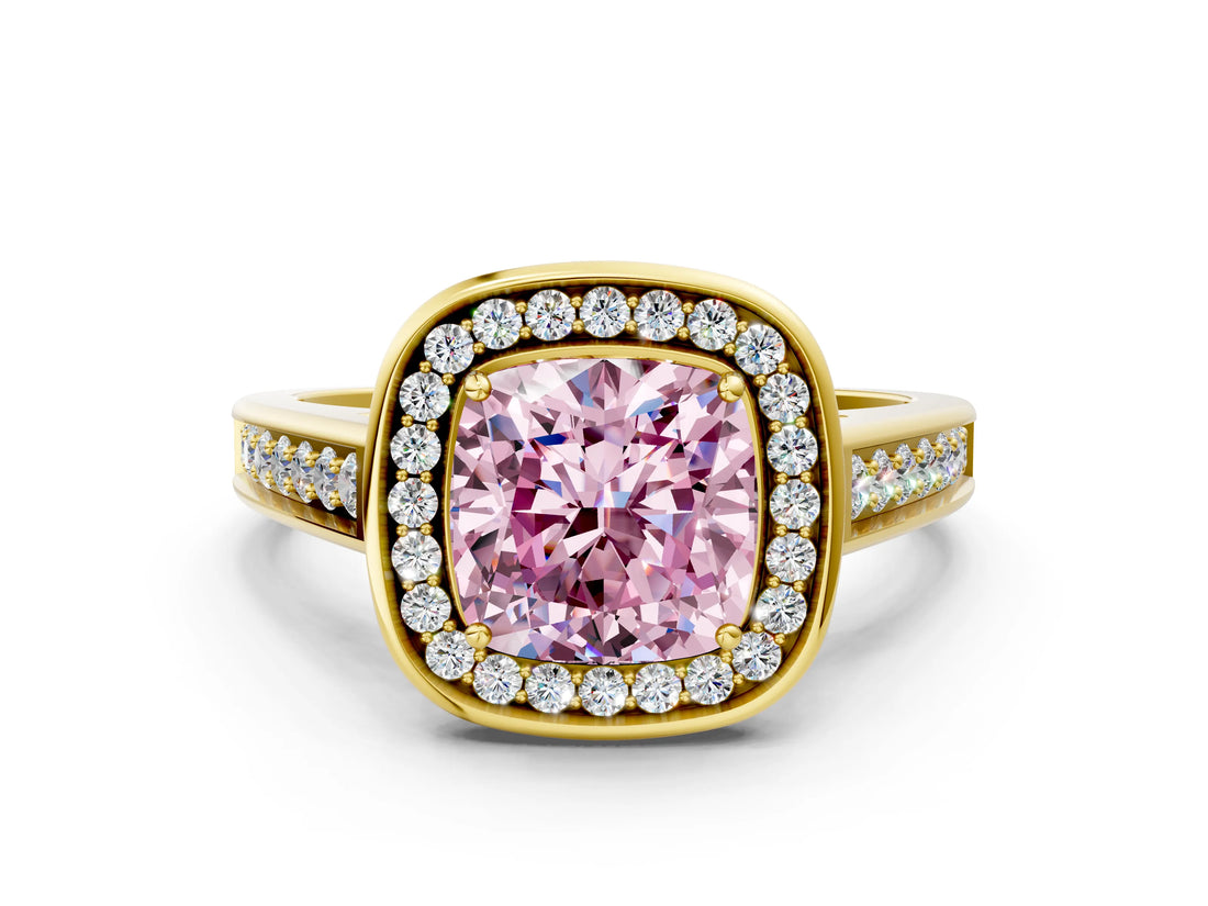 Yellow gold Fancy Pink Cushion  Halo Solitaire Diamond Ring with Pave Band and Bezel Setting_47