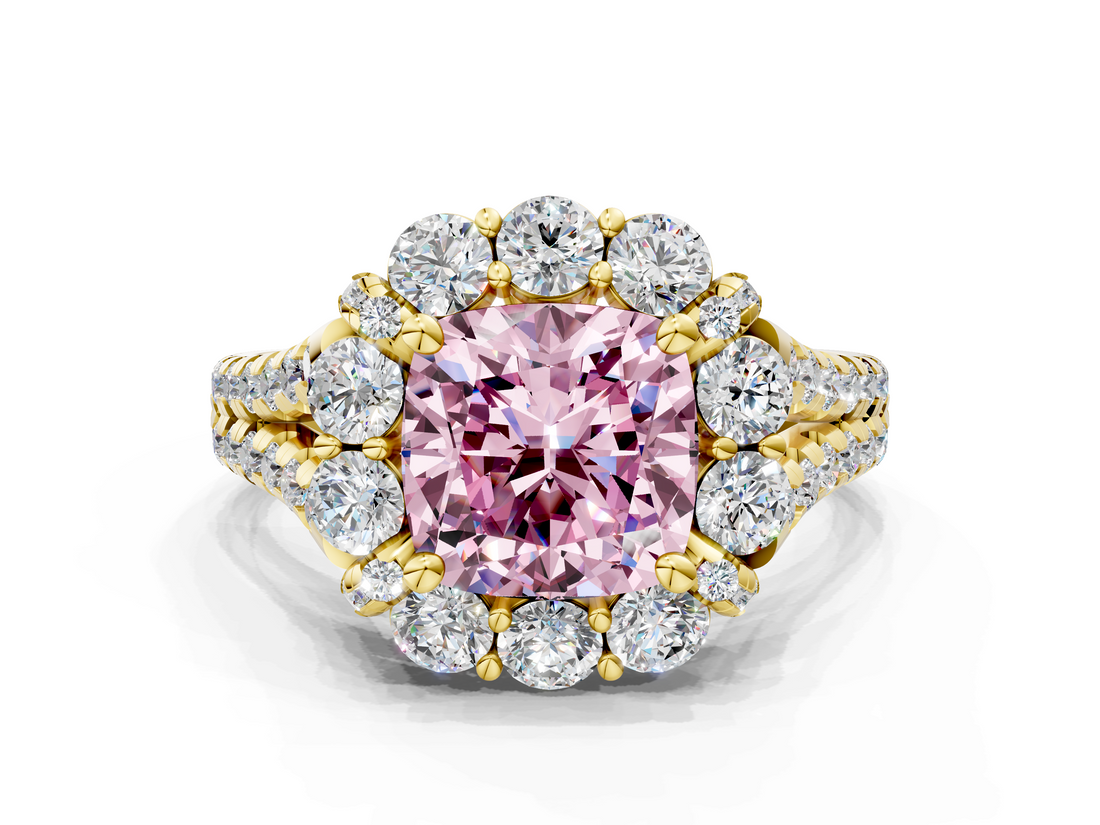 Yellow gold Fancy Pink Cushion  Halo Split Shank Diamond Engagement Ring with Pave Band and Four-Prong Setting_54