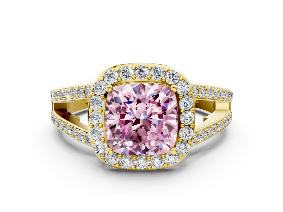 Yellow gold Fancy Pink Cushion  Halo Split Shank Diamond Ring with Four-Prong Setting_32
