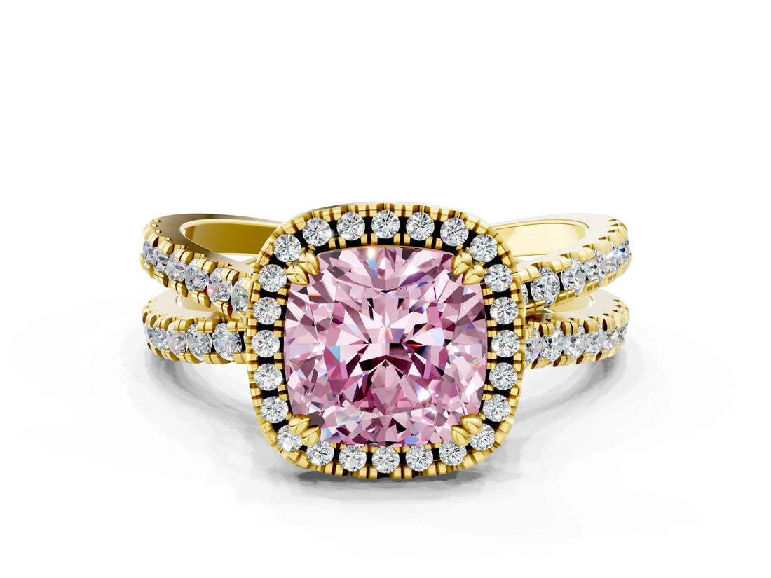 Yellow gold Fancy Pink Cushion  Halo Split Shank Diamond Ring with Pavé Setting_26
