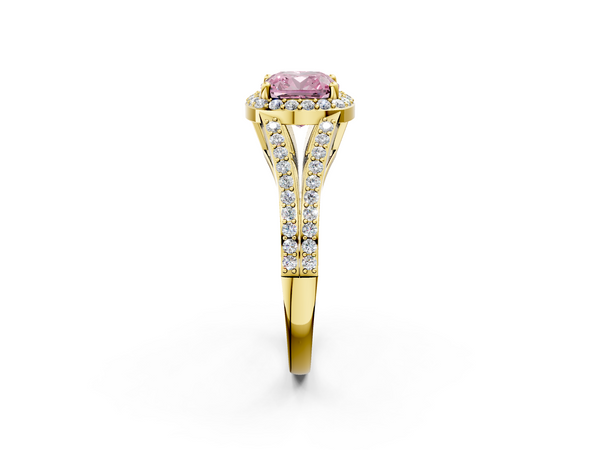Yellow gold Fancy Pink Cushion  Halo Split Shank Diamond Ring with Prong Setting