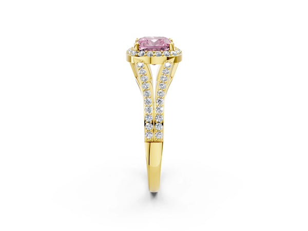 Yellow gold Fancy Pink Cushion  Halo Split Shank Pave Diamond Ring with Four-Prong Setting