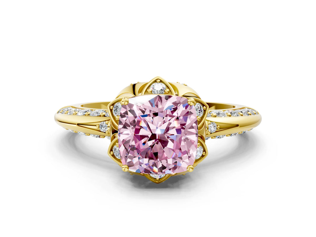 Yellow gold Fancy Pink Cushion  Halo Split Shank Pave Diamond Ring with Petal Prong Setting_33