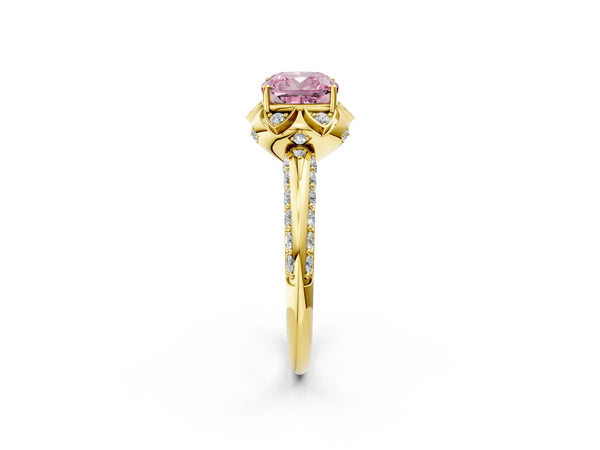 Yellow gold Fancy Pink Cushion  Halo Split Shank Pave Diamond Ring with Petal Prong Setting