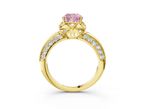 Yellow gold Fancy Pink Cushion  Halo Split Shank Pave Diamond Ring with Petal Prong Setting