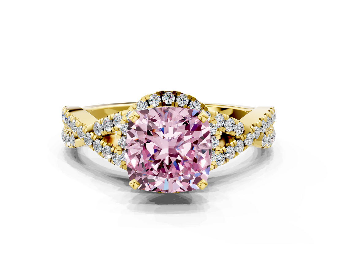 Yellow gold Fancy Pink Cushion  Halo Twist Band Solitaire Prong Setting Ring_118