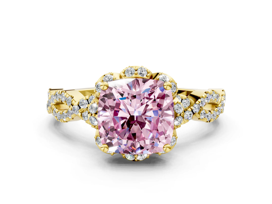 Yellow gold Fancy Pink Cushion  Halo Twist Band Solitaire Ring with Six-Prong Setting_37