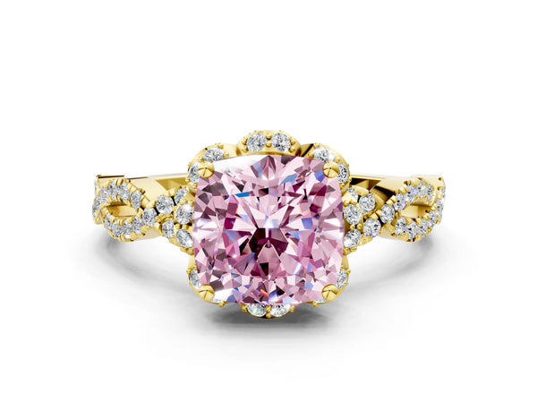 Yellow gold Fancy Pink Cushion  Halo Twist Band Solitaire Ring with Six-Prong Setting