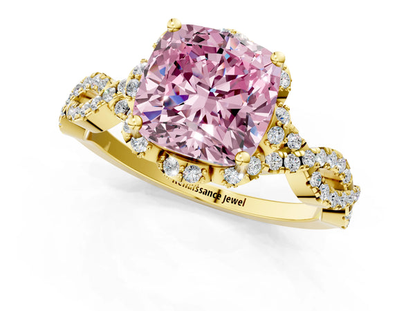 Yellow gold Fancy Pink Cushion  Halo Twist Band Solitaire Ring with Six-Prong Setting