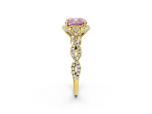 Yellow gold Fancy Pink Cushion  Halo Twist Band Solitaire Ring with Six-Prong Setting