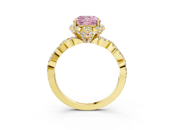 Yellow gold Fancy Pink Cushion  Halo Twist Band Solitaire Ring with Six-Prong Setting