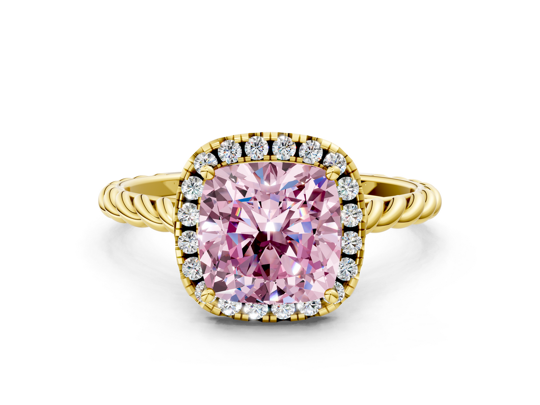 Yellow gold Fancy Pink Cushion  Halo Twisted Band Four-Prong Diamond Ring_20