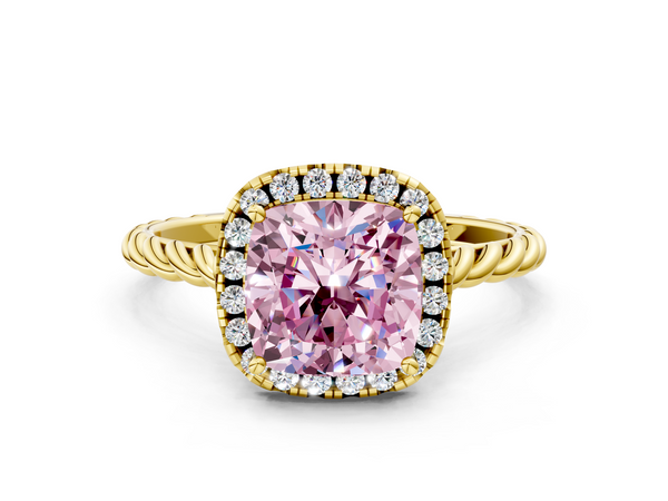 Yellow gold Fancy Pink Cushion  Halo Twisted Band Four-Prong Diamond Ring
