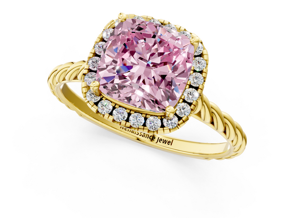 Yellow gold Fancy Pink Cushion  Halo Twisted Band Four-Prong Diamond Ring