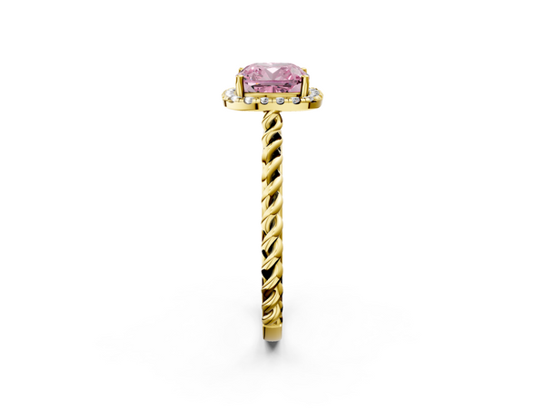 Yellow gold Fancy Pink Cushion  Halo Twisted Band Four-Prong Diamond Ring