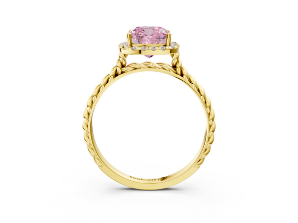 Yellow gold Fancy Pink Cushion  Halo Twisted Band Four-Prong Diamond Ring