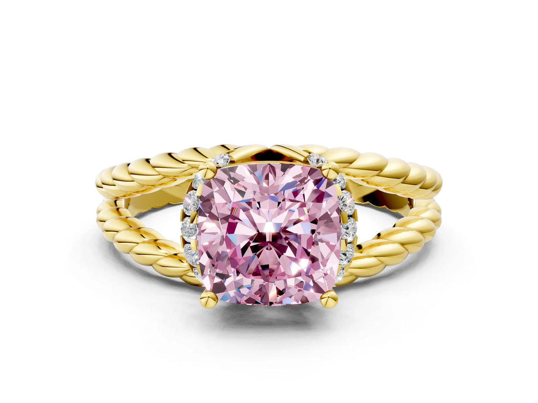 Yellow gold Fancy Pink Cushion  Halo Twisted Band Four-Prong Ring_37