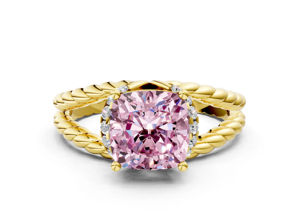 Yellow gold Fancy Pink Cushion  Halo Twisted Band Four-Prong Ring