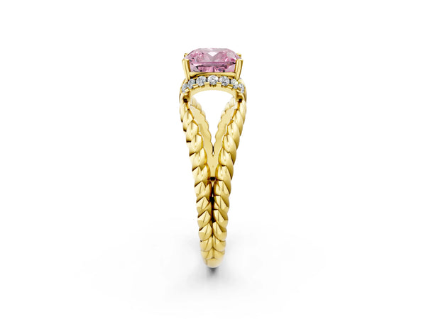 Yellow gold Fancy Pink Cushion  Halo Twisted Band Four-Prong Ring