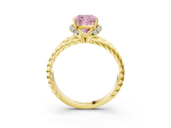 Yellow gold Fancy Pink Cushion  Halo Twisted Band Four-Prong Ring