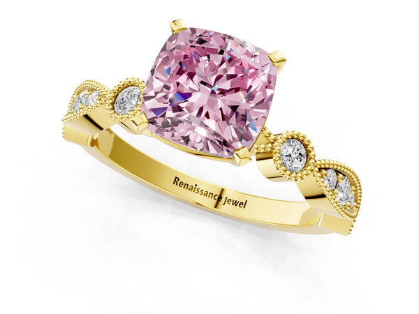 Yellow gold Fancy Pink Cushion  Milgrain Bezel Diamond Engagement Ring with Solitaire Prong Setting