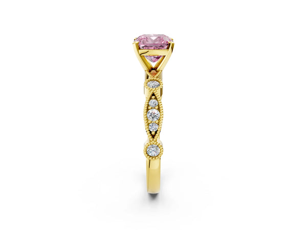 Yellow gold Fancy Pink Cushion  Milgrain Bezel Diamond Engagement Ring with Solitaire Prong Setting