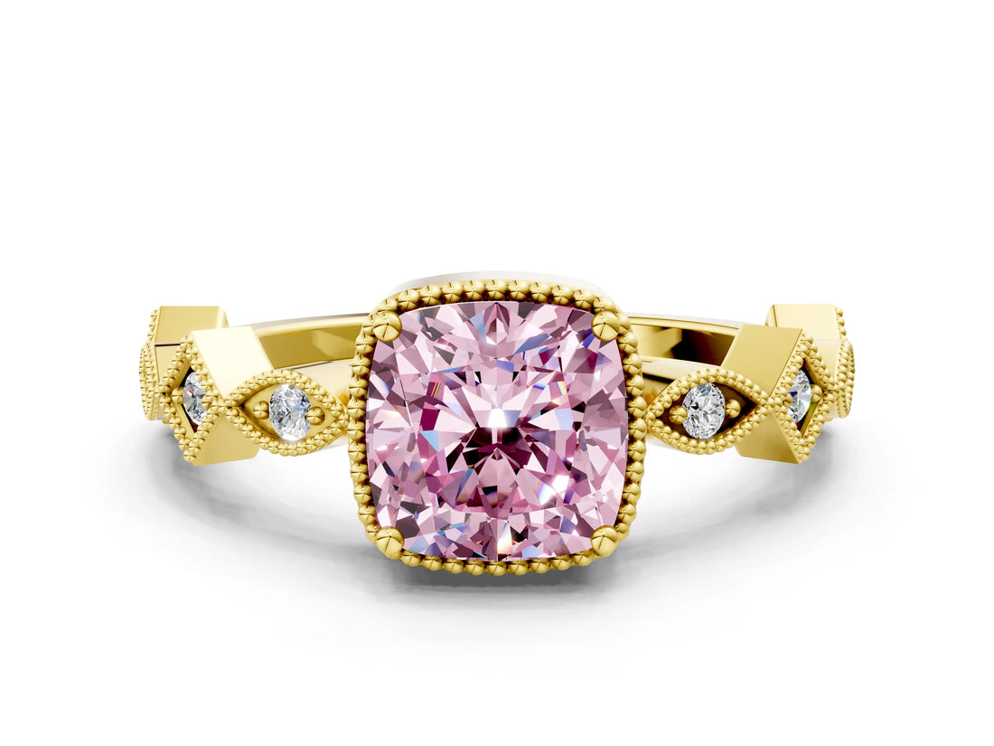 Yellow gold Fancy Pink Cushion  Milgrain Marquise Diamond Twist Band Ring_67
