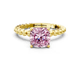 Yellow gold Fancy Pink Cushion  Solitaire Beaded Band Prong Setting Ring