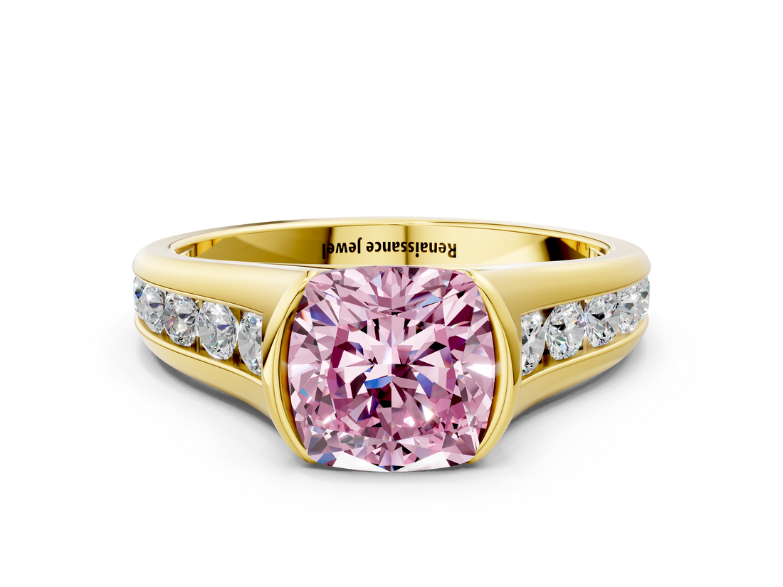 Yellow gold Fancy Pink Cushion  Solitaire Bezel-Set Diamond Ring with Channel-Set Band_37