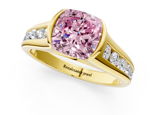 Yellow Gold Cushion Cut Half Bezel Engagement Ring Setting for Fancy Pink Center