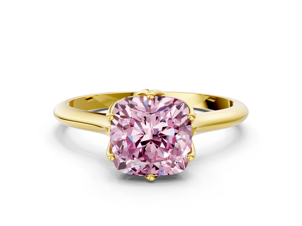 Yellow gold Fancy Pink Cushion  Solitaire Cathedral Diamond Ring with Six-Prong Setting