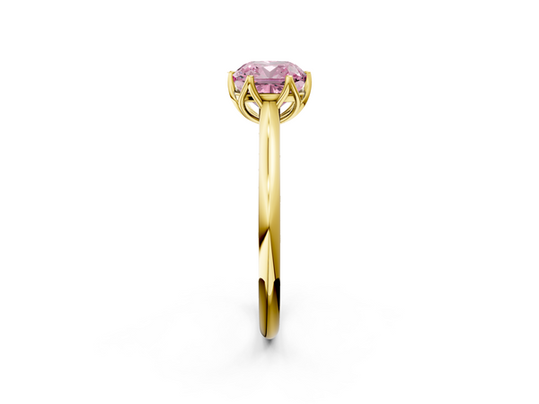 Yellow gold Fancy Pink Cushion  Solitaire Cathedral Diamond Ring with Six-Prong Setting
