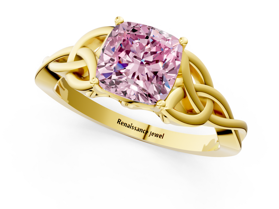 Yellow gold Fancy Pink Cushion Cut Diamond Solitaire Engagement Ring with Celtic Knot Band and Four-Prong Setting