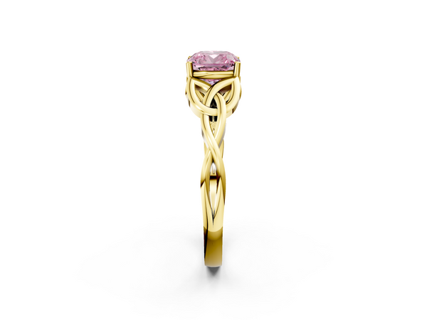 Yellow gold Fancy Pink Cushion Cut Diamond Solitaire Engagement Ring with Celtic Knot Band and Four-Prong Setting