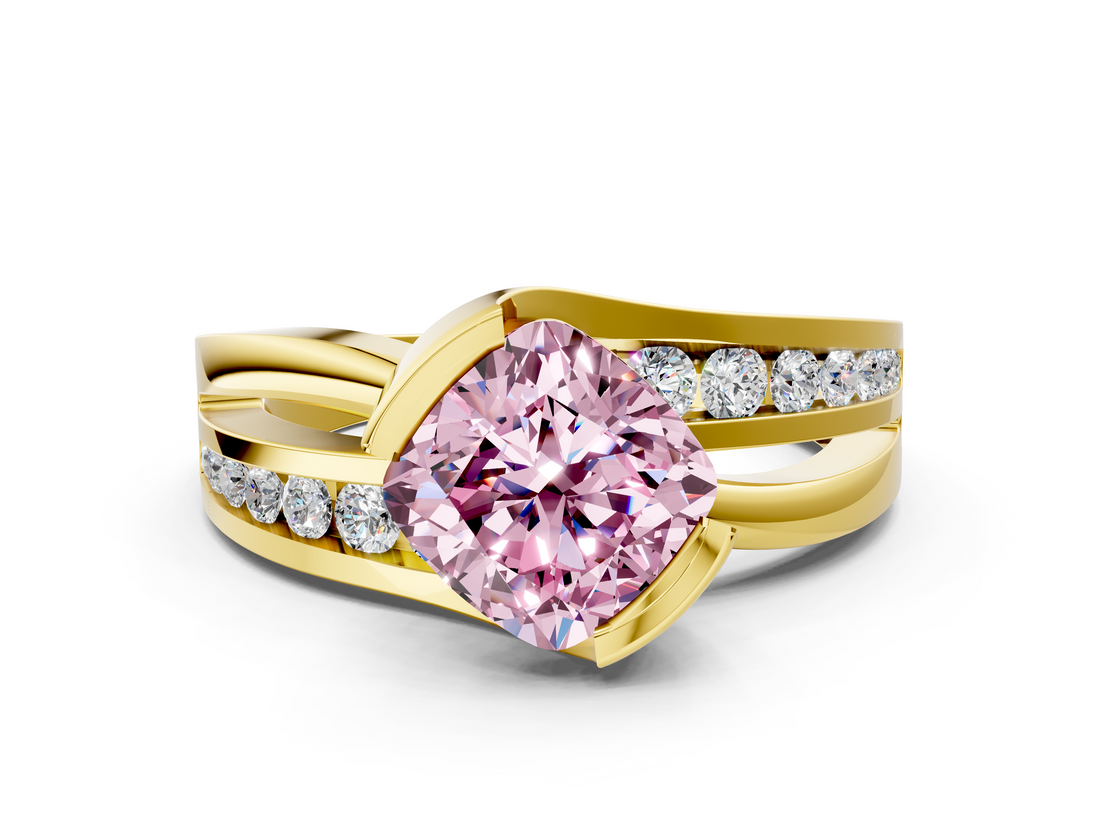 Yellow gold Fancy Pink Cushion  Solitaire Channel-Set Split Shank Ring with Tension Prong Setting_3