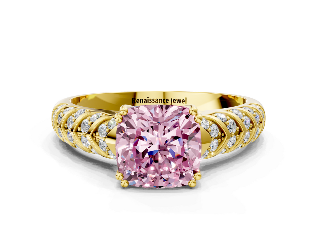Yellow gold Fancy Pink Cushion  Solitaire Chevron Pave Diamond Engagement Ring with Six-Prong Setting_3