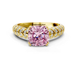 Yellow gold Fancy Pink Cushion  Solitaire Chevron Pave Diamond Engagement Ring with Six-Prong Setting_3