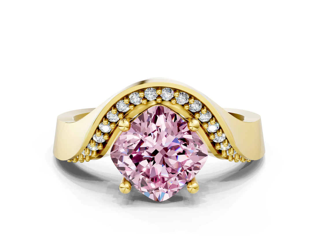 Yellow gold Fancy Pink Cushion  Solitaire Diamond Engagement Ring with Pave Band and Four-Prong Setting_26