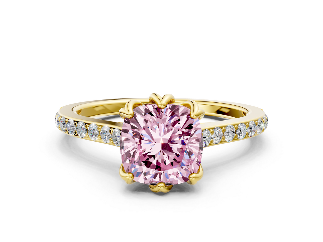 Yellow gold Fancy Pink Cushion  Solitaire Diamond Engagement Ring with Pave Band and Six-Prong Setting_20