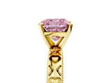 Yellow gold Fancy Pink Cushion  Solitaire Diamond Engagement Ring with XO Engraved Band and Four-Prong Setting
