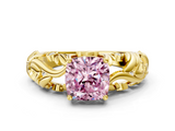 Yellow gold Fancy Pink Cushion  Solitaire Diamond Leaf Vine Band with Prong Setting_45