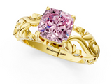 Yellow gold Fancy Pink Cushion  Solitaire Diamond Leaf Vine Band with Prong Setting_46
