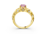 Yellow gold Fancy Pink Cushion  Solitaire Diamond Leaf Vine Band with Prong Setting_48
