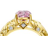 Yellow gold Fancy Pink Cushion  Solitaire Diamond Leaf Vine Band with Prong Setting_49
