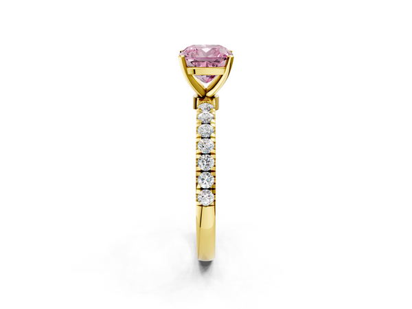 Yellow gold Fancy Pink Cushion Cut Diamond Solitaire Ring with Pavé Accents and Four-Prong Setting